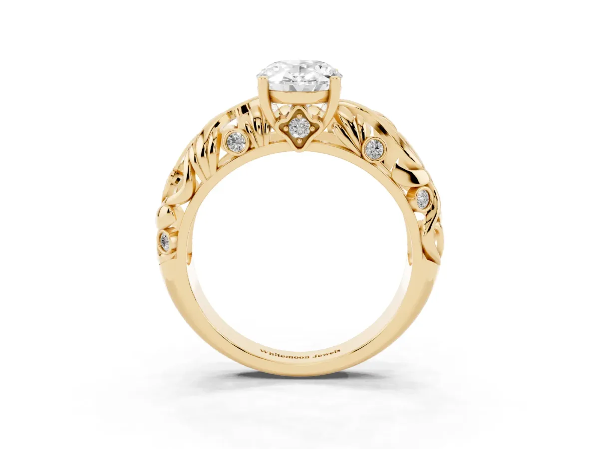 Oval Cut Solitaire Diamond Leaf-Inspired Vine Band Ring with Prong Setting Yellow gold