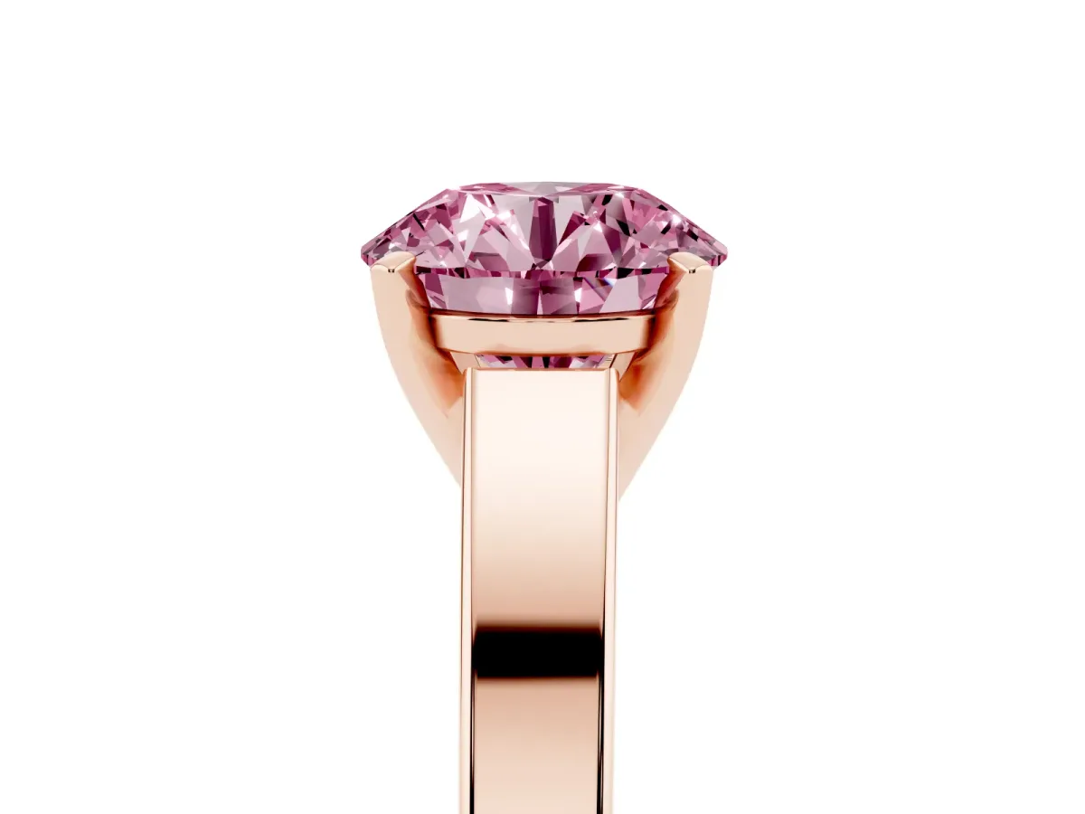 Fancy Pink Round Cut Solitaire Engagement Ring with Four-Prong Setting and Tapered Band Rose gold