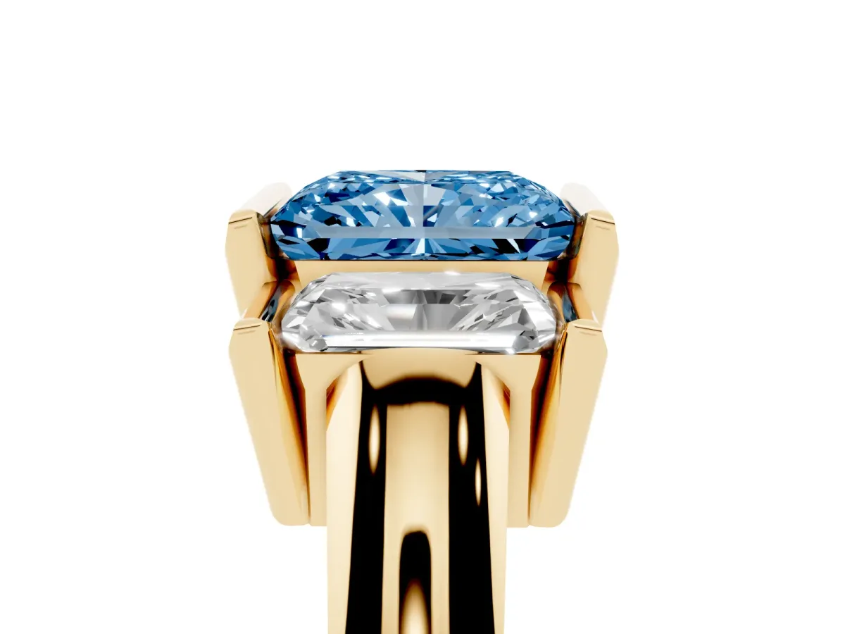 Fancy Blue Three Stone Radiant Cut Cut Channel Set Diamond Ring Yellow gold