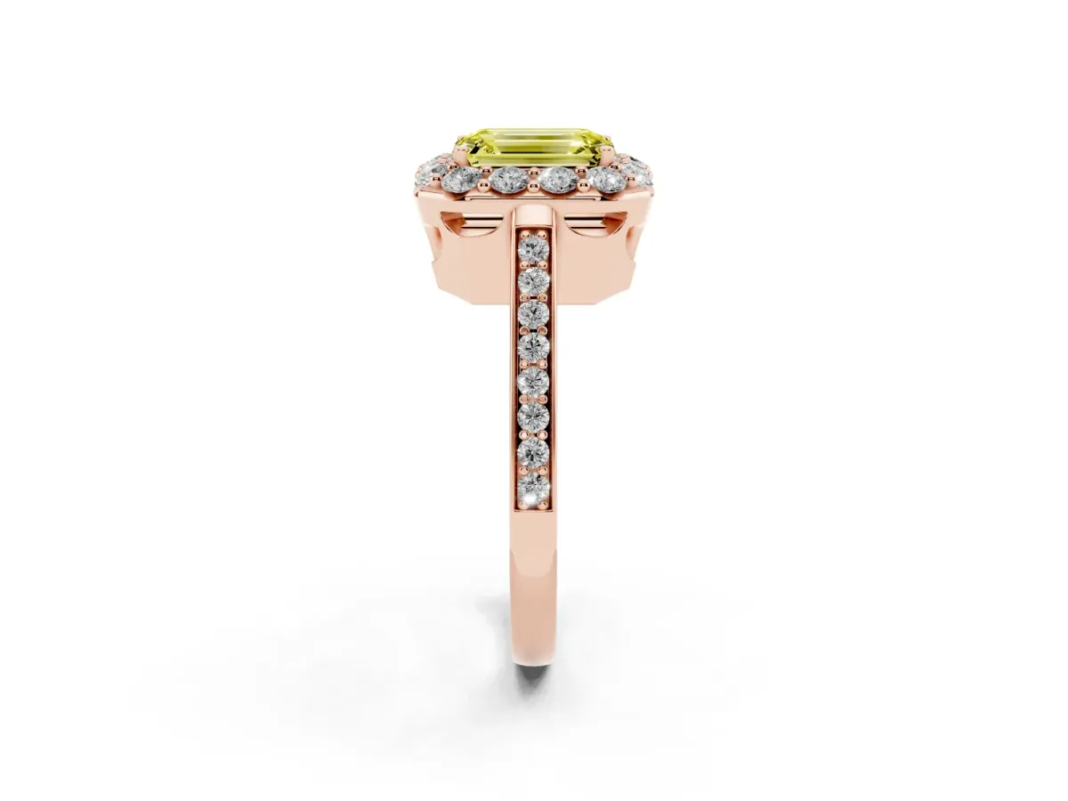 Fancy Yellow Emerald Cut Diamond Floral Halo Ring with Pavé Band and Prong Setting Rose gold