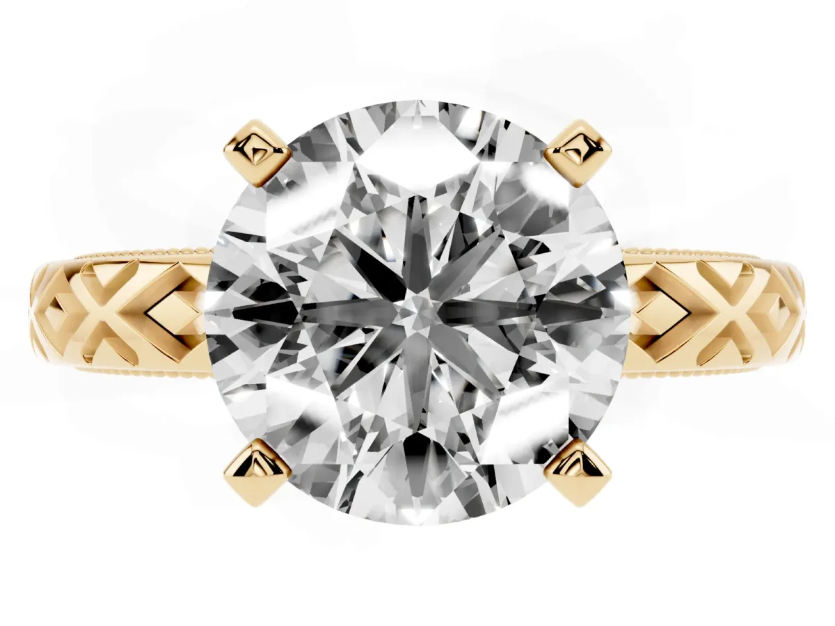 Round Cut Solitaire Diamond Ring with Milgrain and Black Enamel X Pattern Band Yellow gold