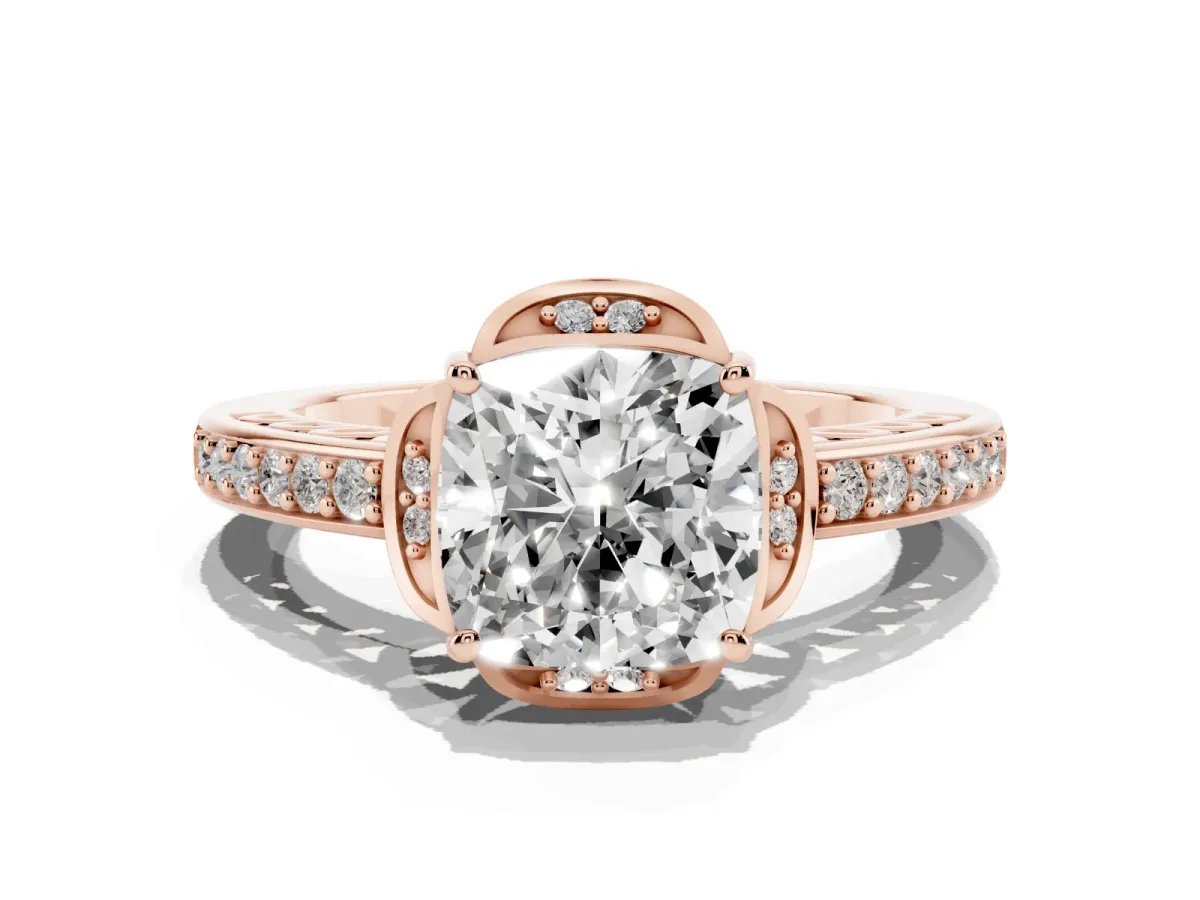 Cushion Cut Cut Halo Diamond Ring with Channel Set Band and Four-Prong Setting Rose gold