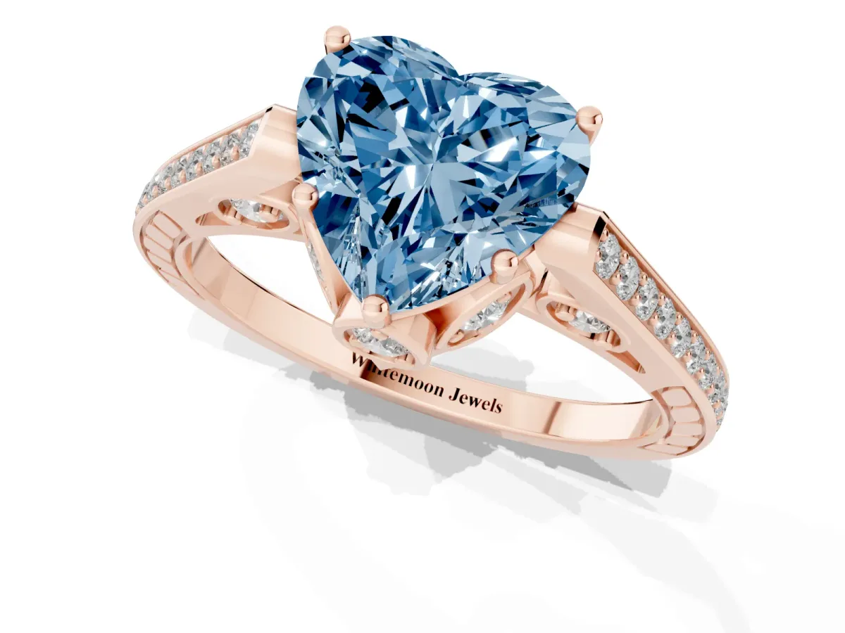 Fancy Blue Heart Cut Cut Cathedral Pave Diamond Engagement Ring with Six-Prong Setting Rose gold
