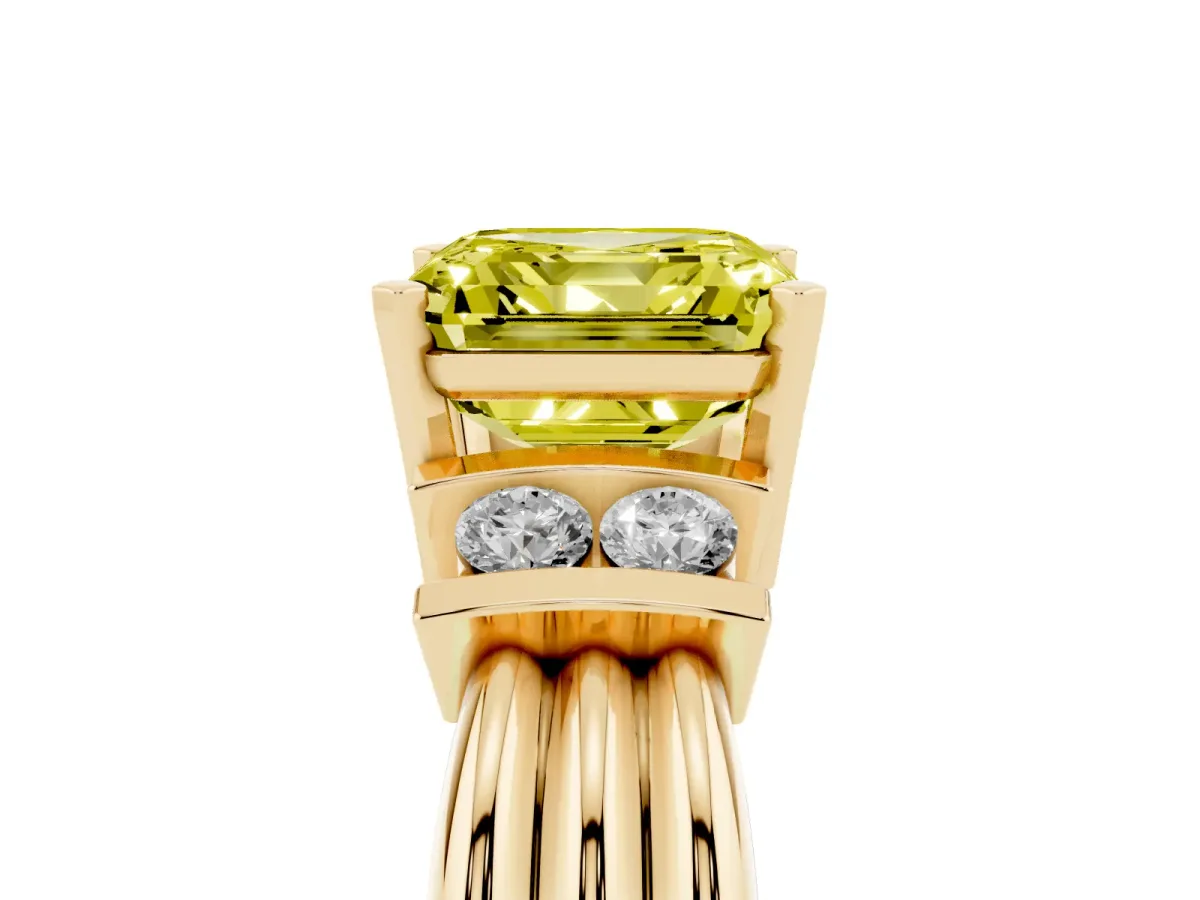 Fancy Yellow Asscher Cut Cut Three-Stone Channel Set Ring with Bar Prongs Yellow gold