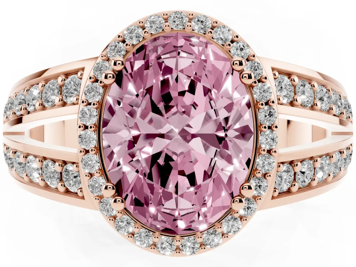 Fancy Pink Oval Cut Diamond Halo Ring with Split Shank Pavé Band and Four-Prong Setting Rose gold