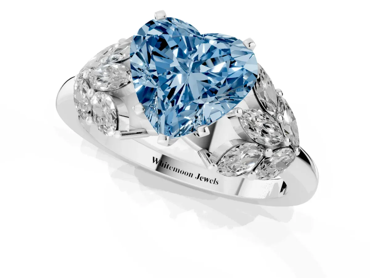 Fancy Blue Heart Cut Diamond Cluster Leaf Design Ring with Prong Setting Platinum