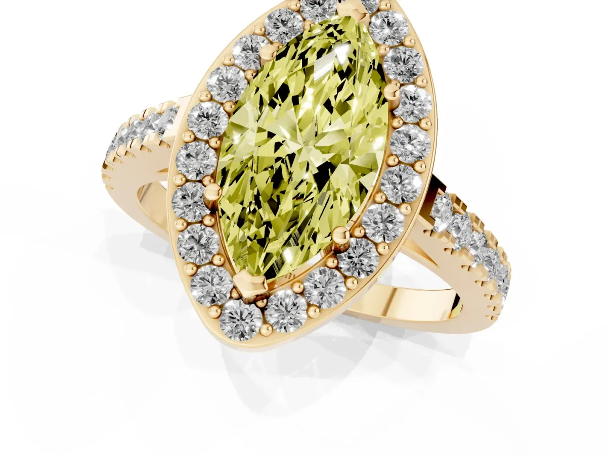 Fancy Yellow Marquise Cut Diamond Halo Ring with Round Pavé Split Shank and Prong Setting Yellow gold