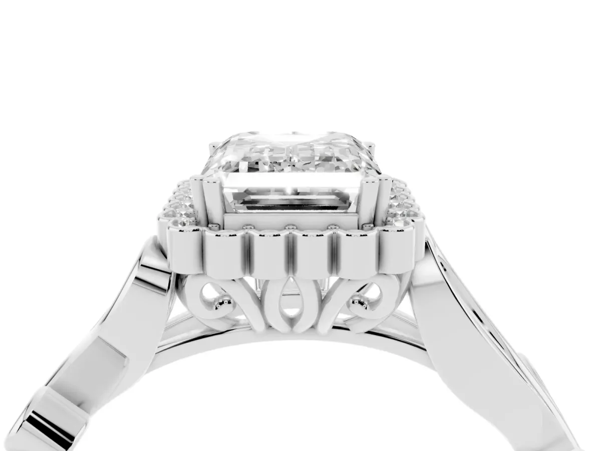 Emerald Cut Diamond Halo Ring with Vintage Split Shank and Four-Prong Setting Silver