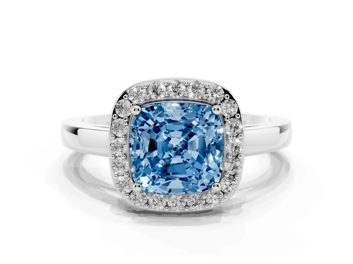 Fancy Blue Cushion Cut Halo Diamond Ring with Solitaire Band and Prong Setting Silver