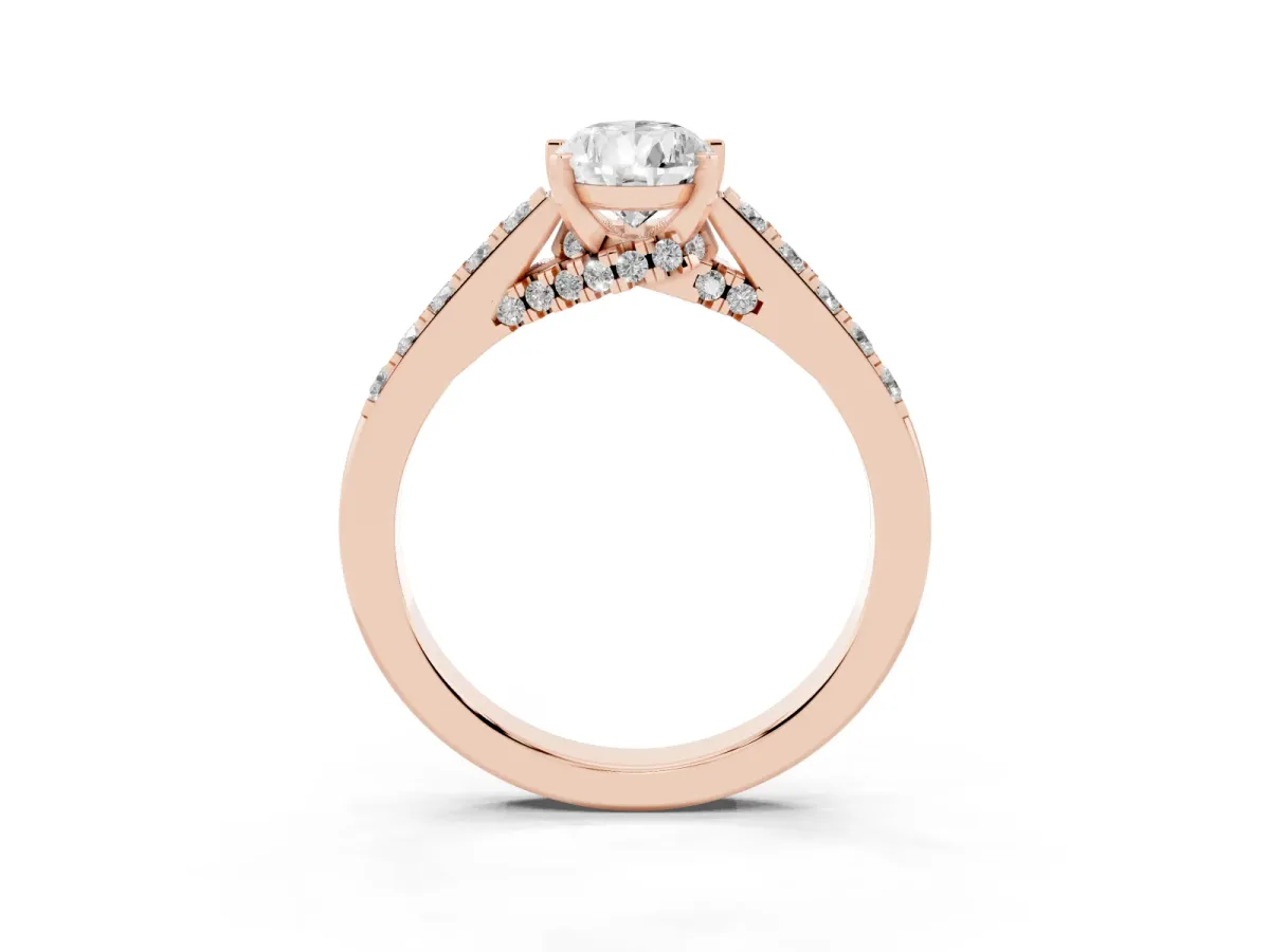 Pear Cut Diamond Solitaire Ring with Crossover Gallery and Round Pavé Band Rose gold
