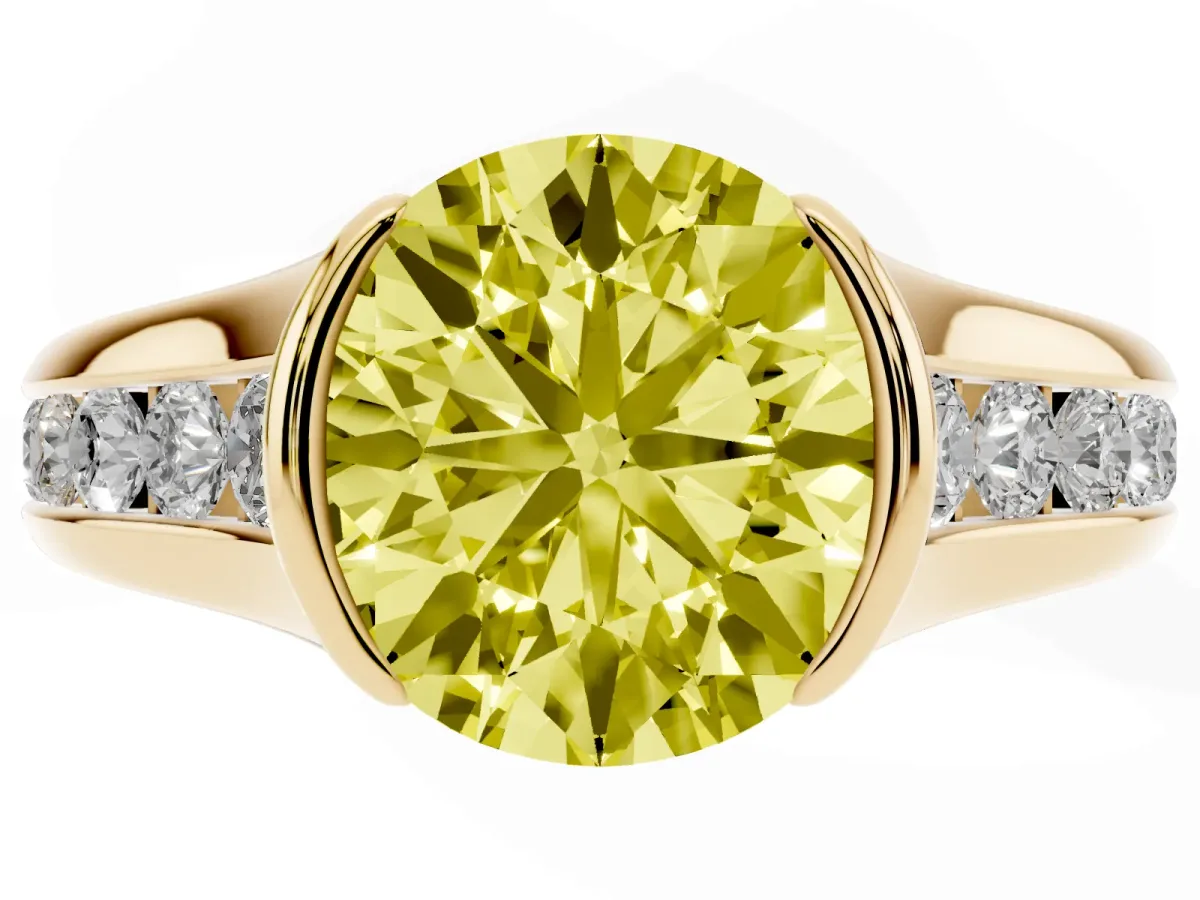 Fancy Yellow Round Cut Solitaire Bezel-Set Diamond Ring with Channel-Set Band Yellow gold