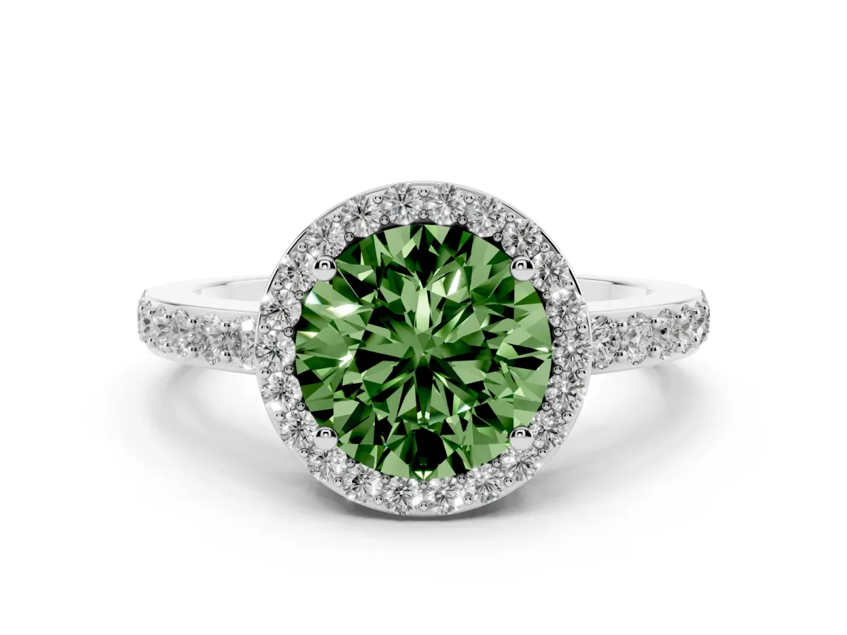 Fancy Green Round Cut Halo Diamond Pavé Band Ring with Prong Setting Silver