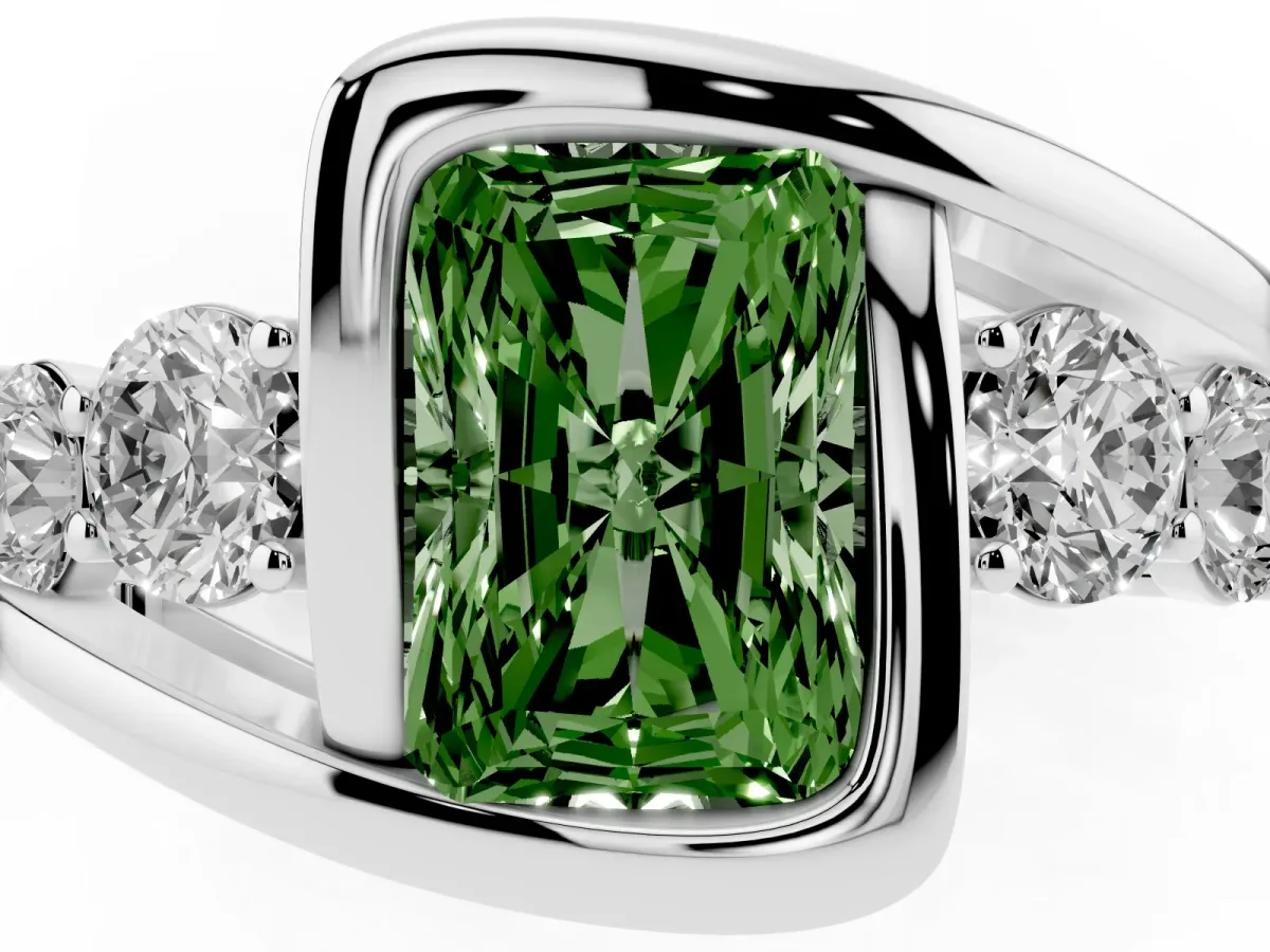 Fancy Green Bezel Set Radiant Cut Diamond Bypass Ring with Round Accents Silver