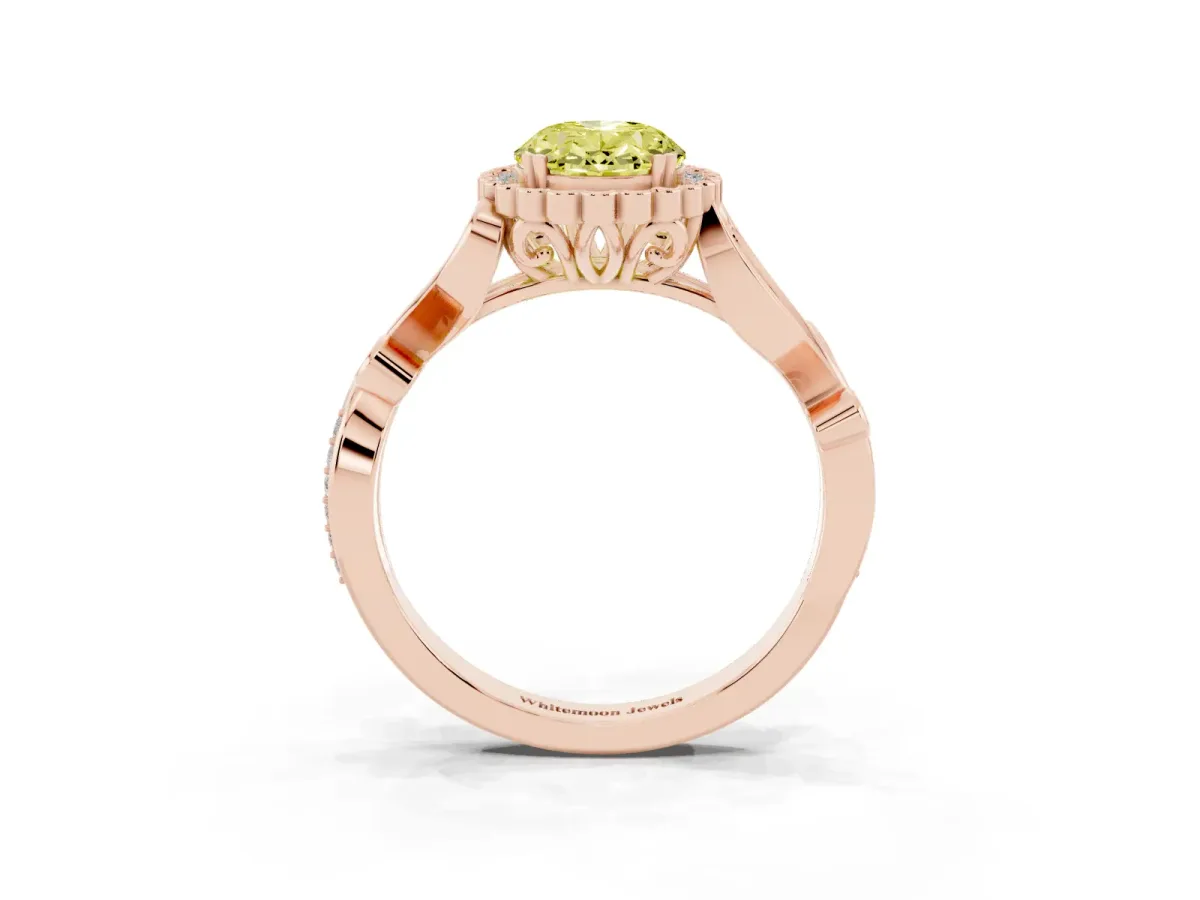 Fancy Yellow Oval Cut Diamond Halo Ring with Vintage Split Shank and Four-Prong Setting Rose gold