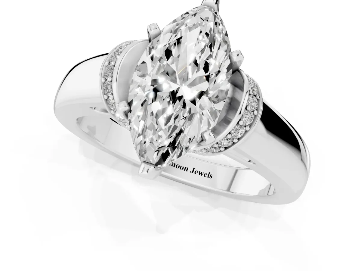 Marquise Cut Solitaire Diamond Ring with Pave Band and Six-Prong Setting White gold