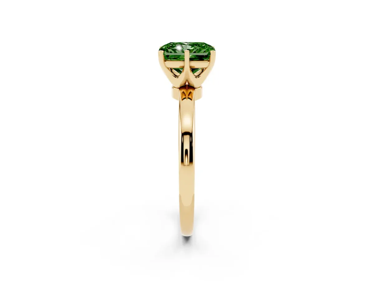 Fancy Green Radiant Cut Solitaire Diamond Ring with Six-Prong Setting on a Classic Band Yellow gold