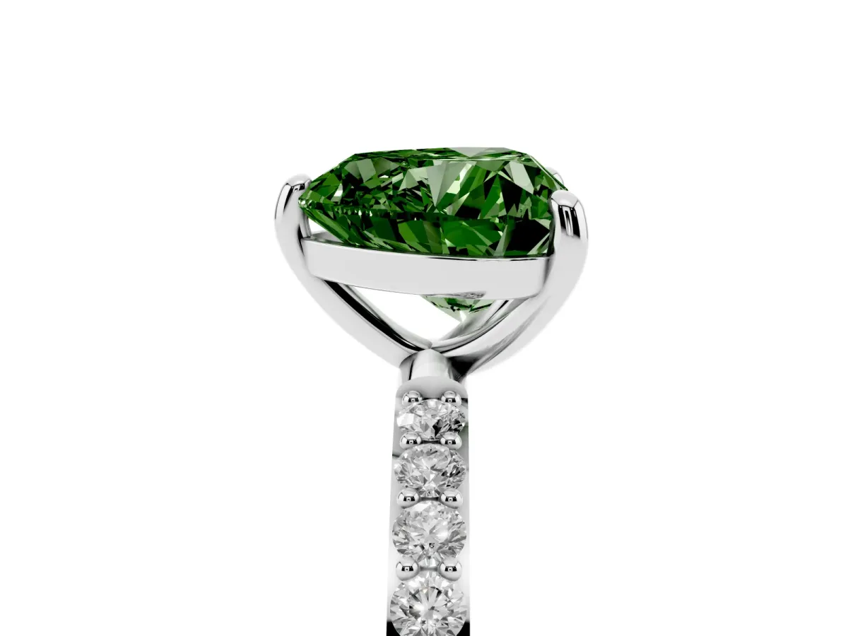 Fancy Green Heart Cut Diamond Solitaire Ring with Round Pavé Band and Prong Setting Platinum