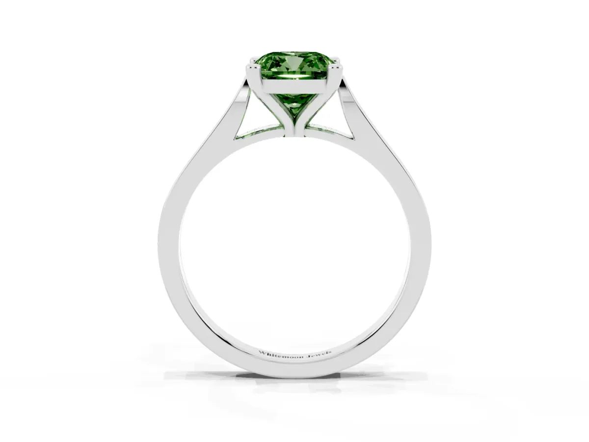 Fancy Green Cushion Cut Solitaire Diamond Ring with Four-Prong Setting and Tapered Band White gold