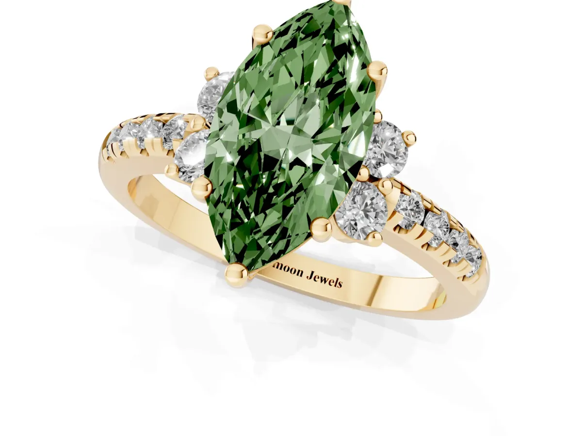 Fancy Green Marquise Cut Diamond Three-Stone Pave Band with Four-Prong Setting Yellow gold