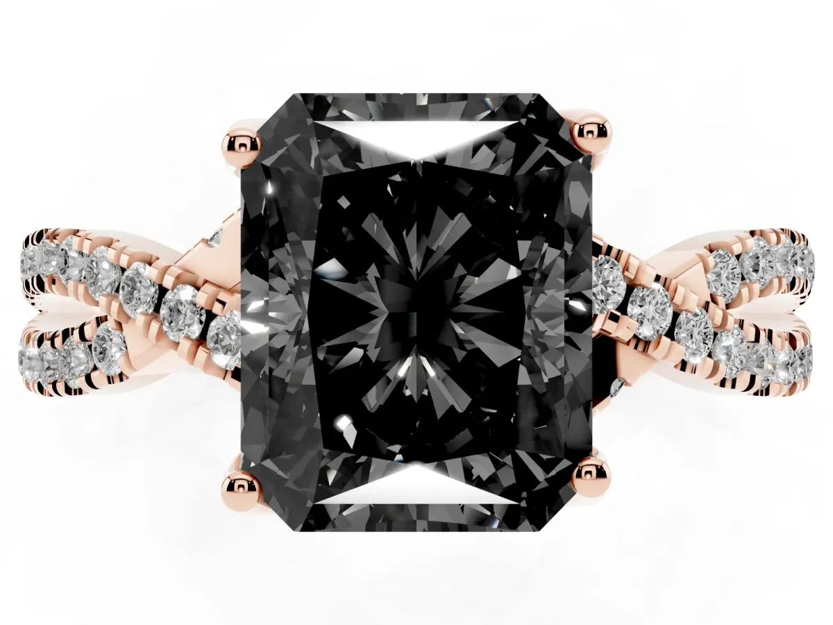 Fancy Black Radiant Cut Solitaire Twist Pave Diamond Engagement Ring with Prong Setting Rose gold