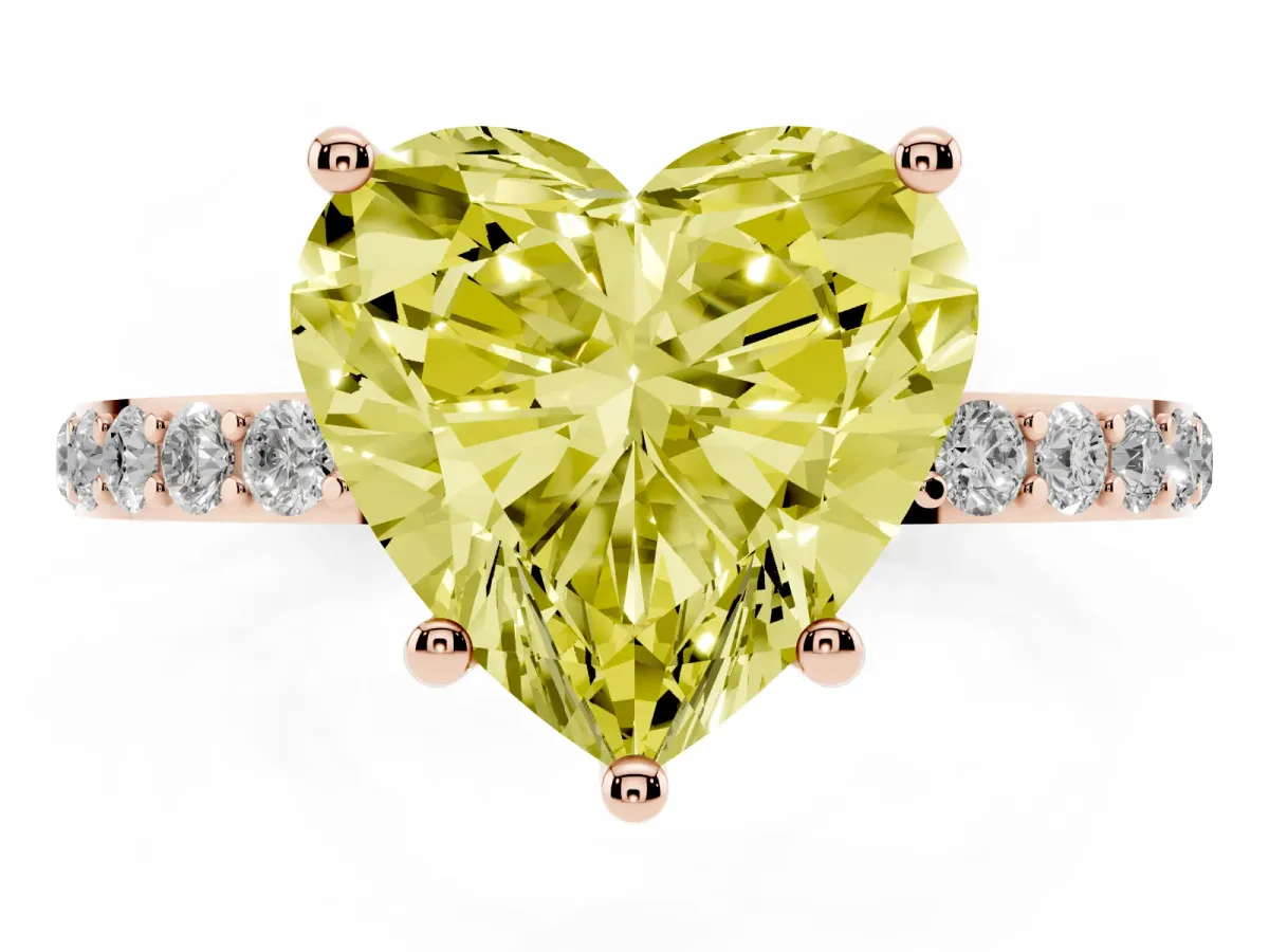 Fancy Yellow Heart Cut Diamond Solitaire Ring with Round Pavé Shoulders and Prong Setting Rose gold