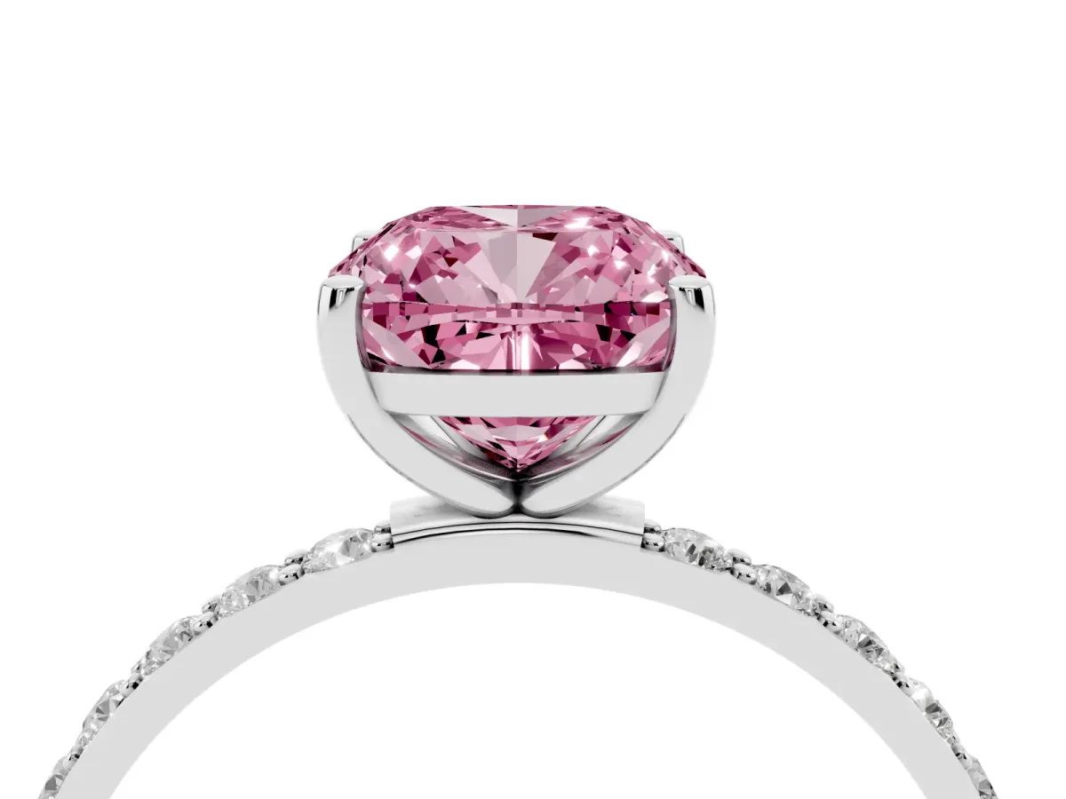 Fancy Pink Cushion Cut Diamond Solitaire Ring with Round Pavé Shoulders and Prong Setting Silver