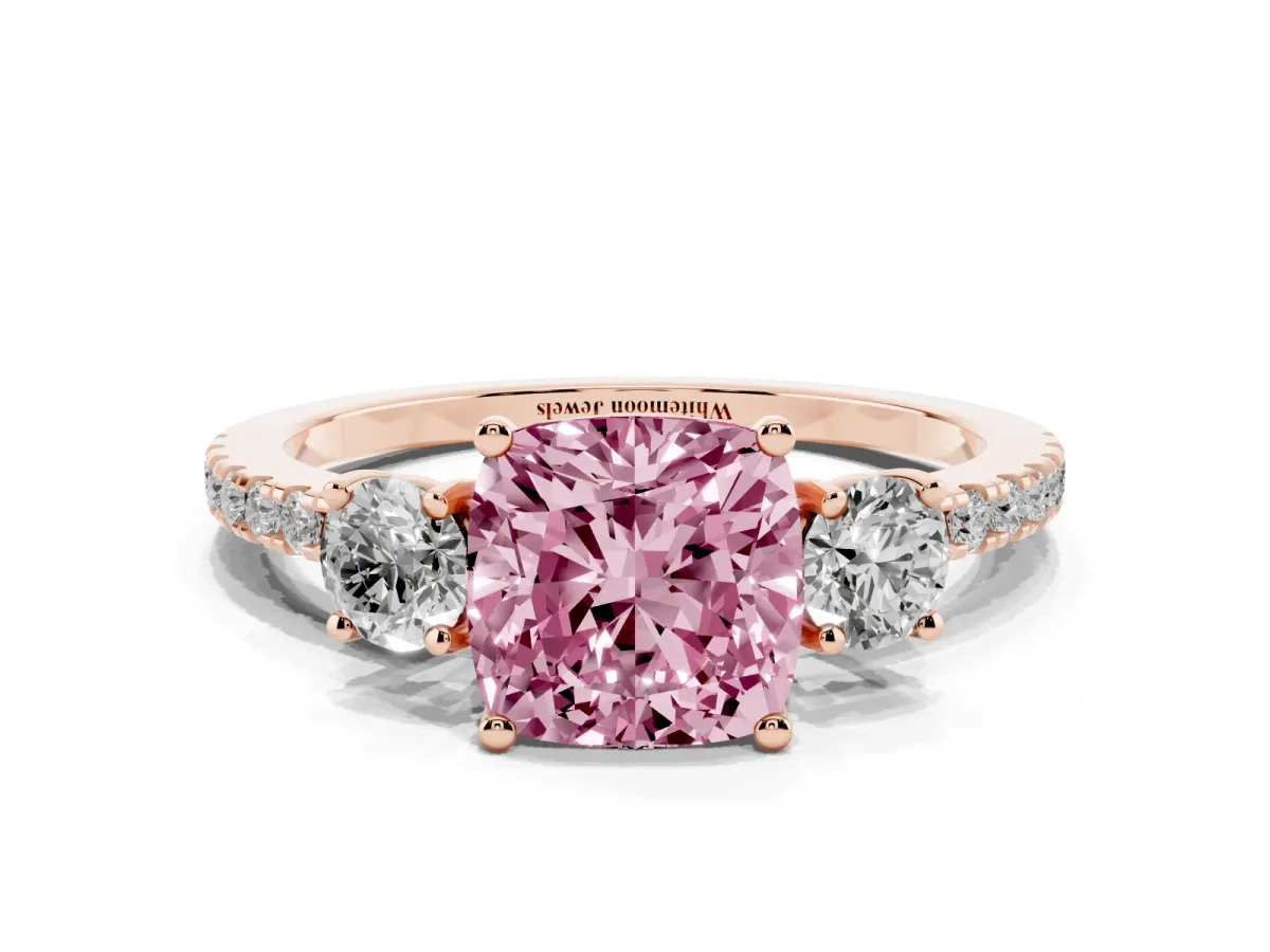 Fancy Pink Three-Stone Cushion Cut Cut Diamond Pavé Band with Prong Setting Rose gold
