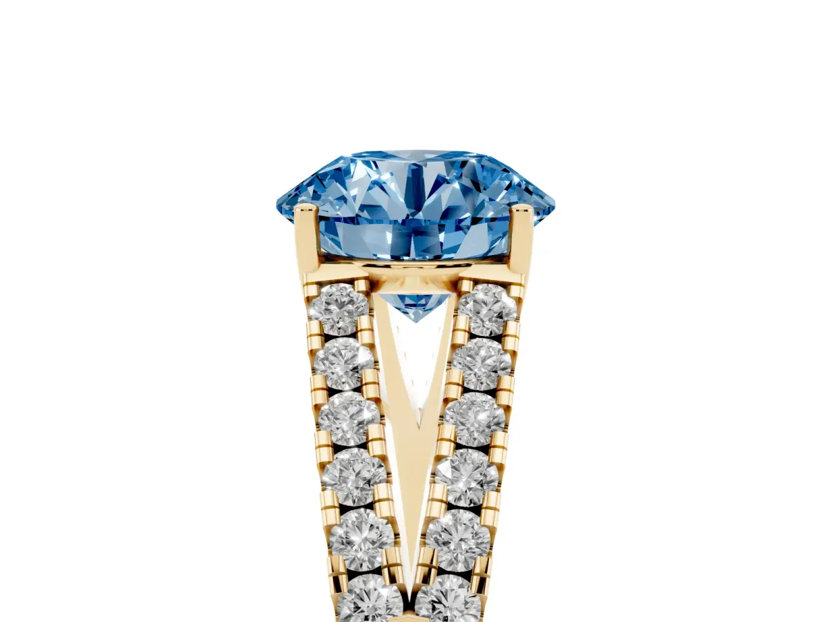 Fancy Blue Round Cut Diamond Split Shank Engagement Ring with Round Pavé and Prong Setting Yellow gold