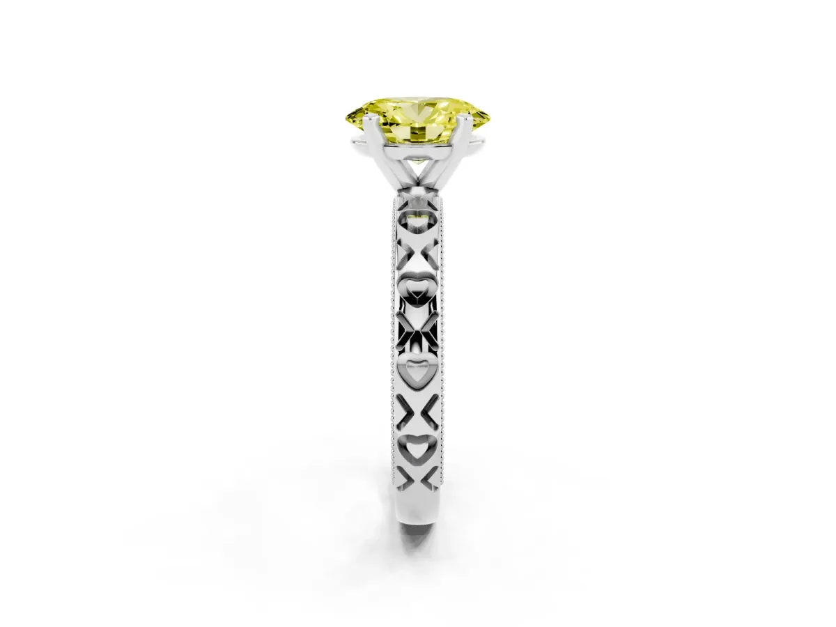 Fancy Yellow Oval Cut Solitaire Diamond Engagement Ring with XO Engraved Band and Four-Prong Setting Platinum