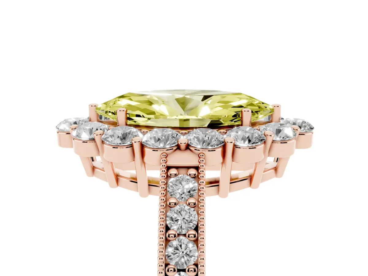Fancy Yellow Marquise Cut Cut Halo Diamond Pavé Engagement Ring with Milgrain Detailing Rose gold