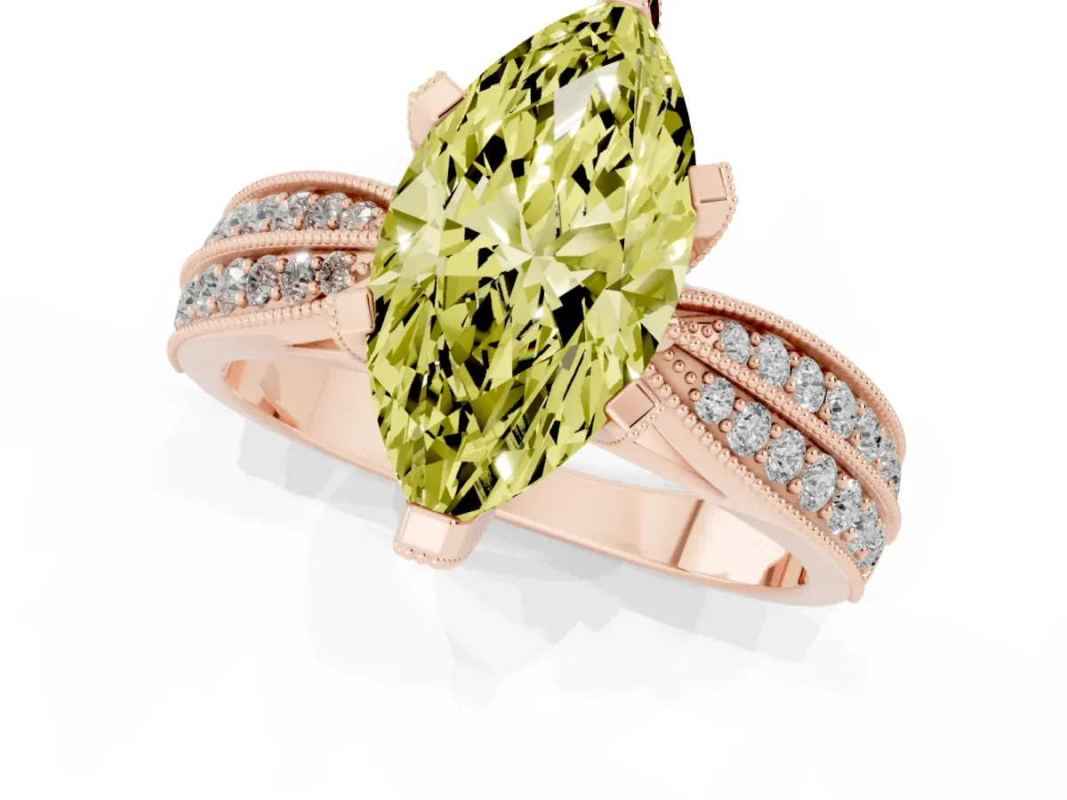 Fancy Yellow Marquise Cut Diamond Solitaire Ring with Milgrain Round Pavé Band and Prong Setting Rose gold