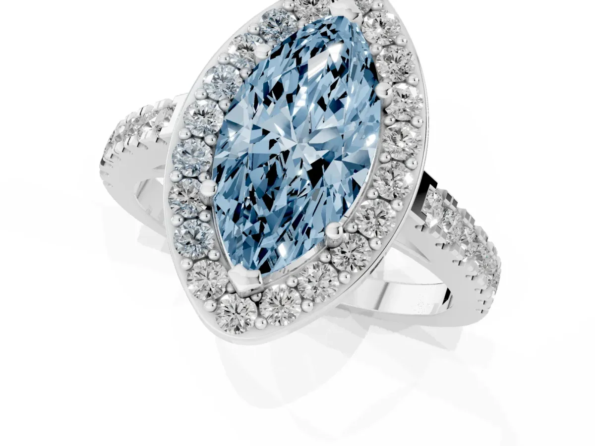Fancy Blue Marquise Cut Diamond Halo Ring with Round Pavé Split Shank and Prong Setting Silver