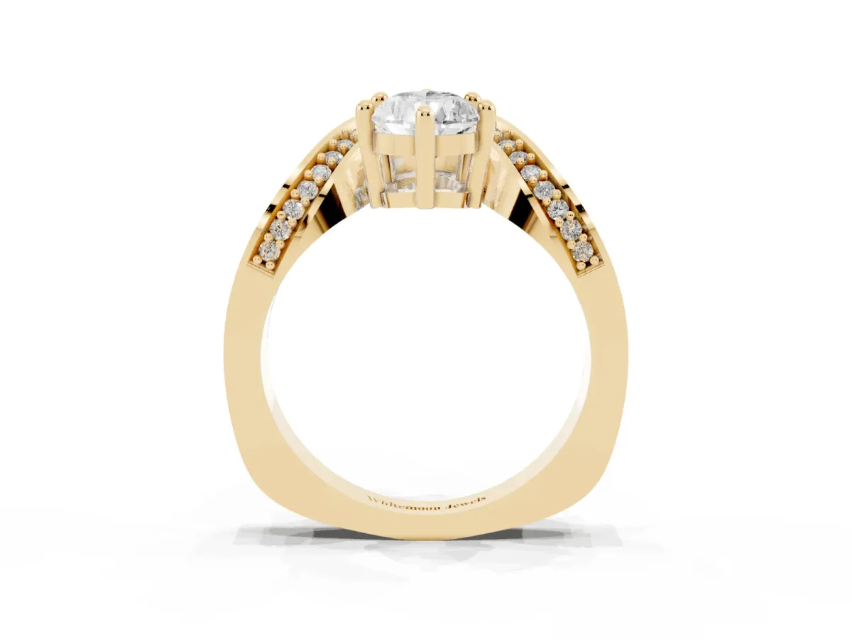Pear Cut Solitaire Diamond Engagement Ring with Pave Band and Four-Prong Setting Yellow gold