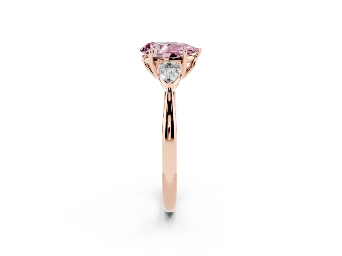 Fancy Pink Pear Cut Diamond Three-Stone Ring with Pear Side Stones and Prong Setting Rose gold