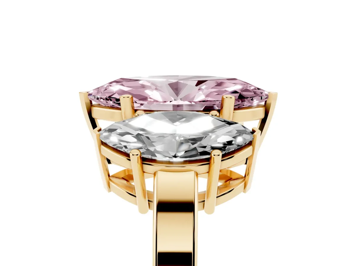 Fancy Pink Three-Stone Marquise Cut Cut Diamond Engagement Ring with Flat Band and Four-Prong Setting Yellow gold
