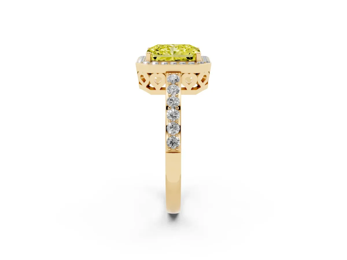 Fancy Yellow Radiant Cut Halo Diamond Pavé Band Ring with Prong Setting Yellow gold