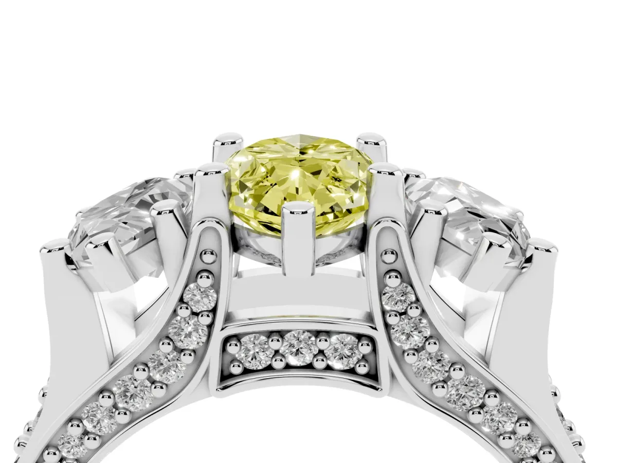 Fancy Yellow Marquise Cut Diamond Three-Stone Ring with Channel Set Band and Four-Prong Setting Silver
