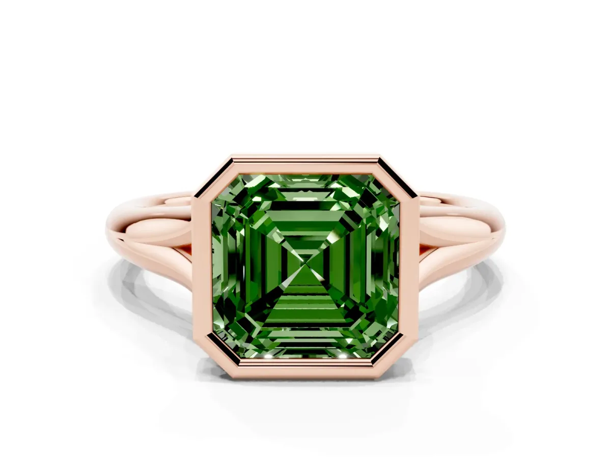 Fancy Green Bezel Set Asscher Cut Solitaire Diamond Ring with Smooth Band Rose gold