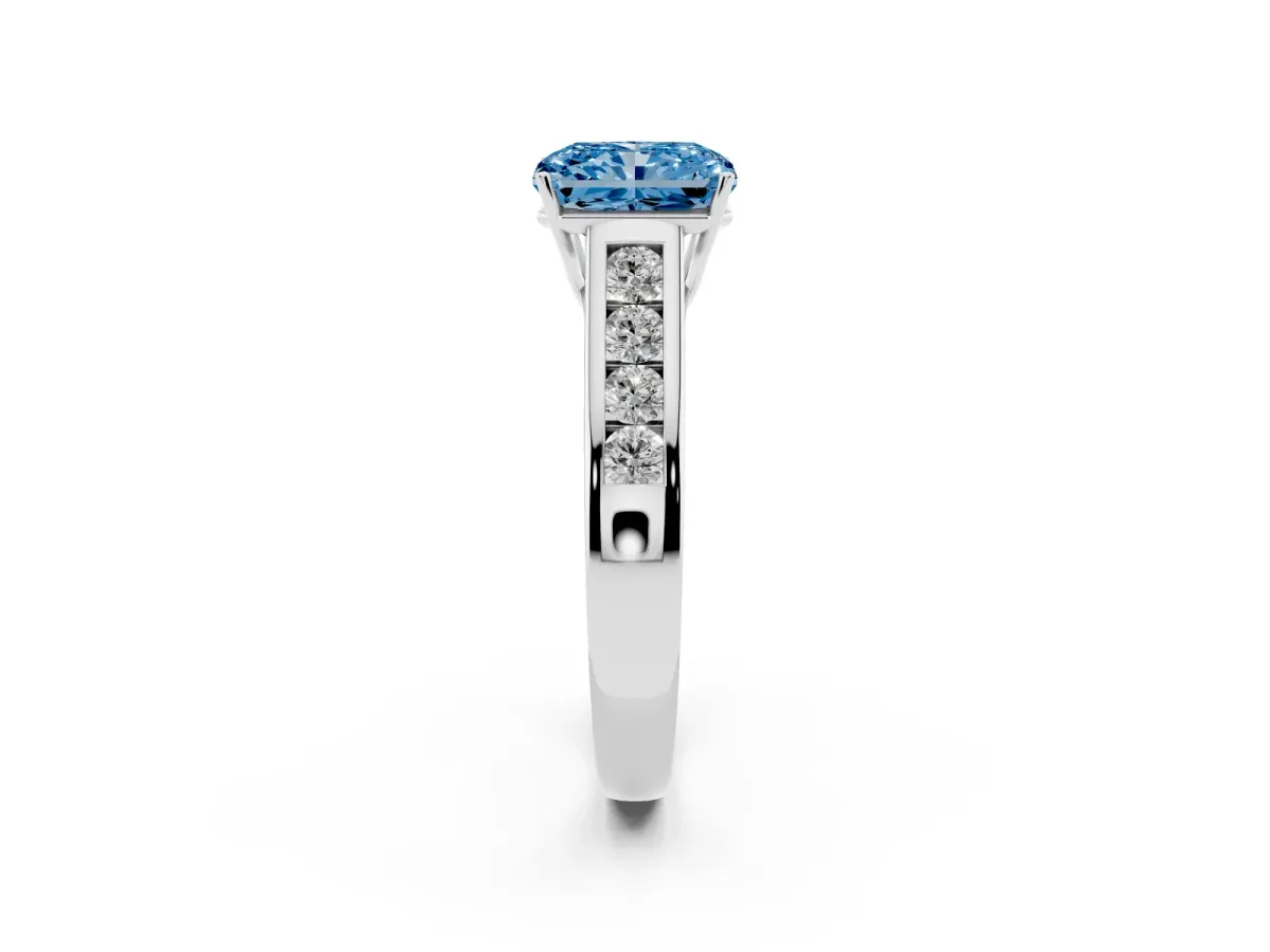 Fancy Blue Radiant Cut Brilliant Channel-Set Solitaire Ring with Four-Prong Setting Silver