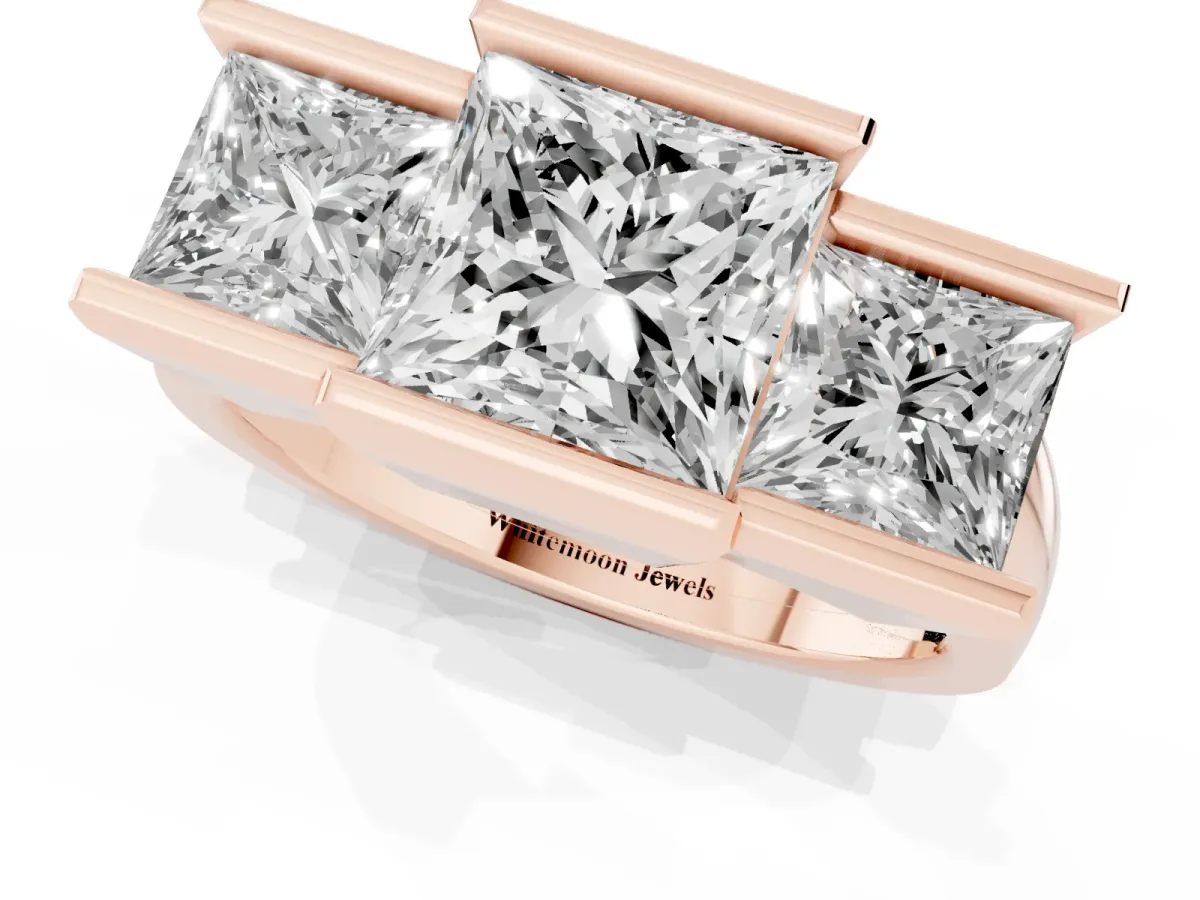 Three Stone Princess Cut Cut Channel Set Diamond Ring Rose gold