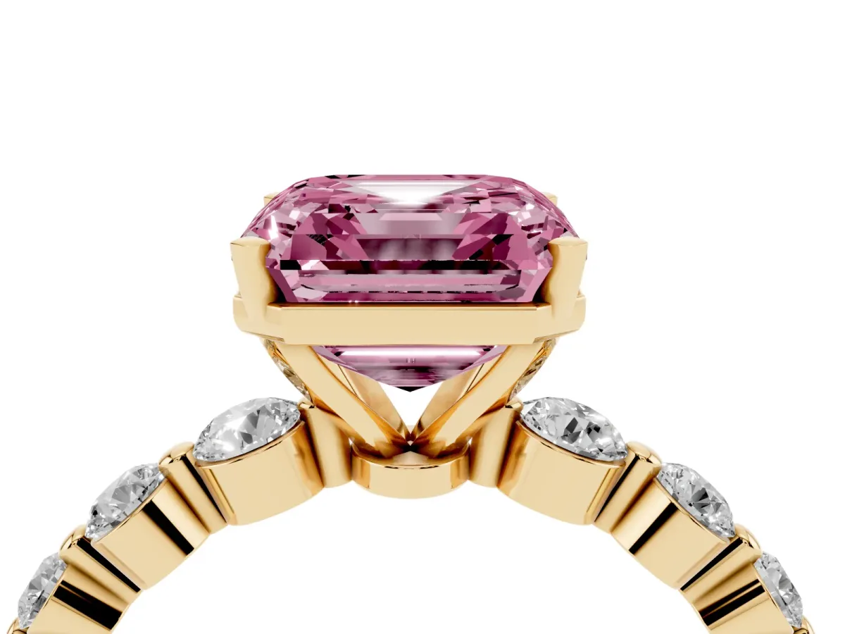 Fancy Pink Asscher Cut Solitaire Diamond Ring with Pave Band and Four-Prong Setting Yellow gold