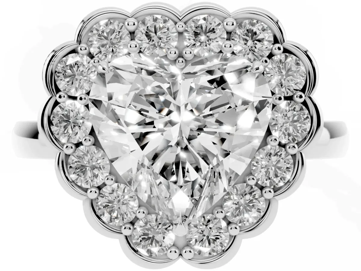 Heart Cut Halo Cluster Diamond Engagement Ring with Solitaire Band and Prong Setting Platinum