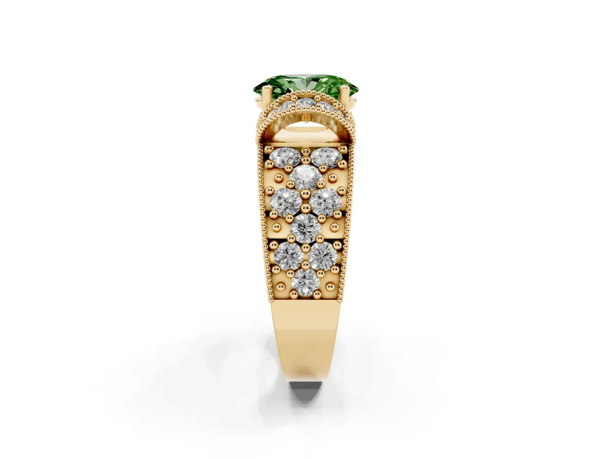 Fancy Green Oval Cut Halo Pave Diamond Engagement Ring with Milgrain Detailing Yellow gold