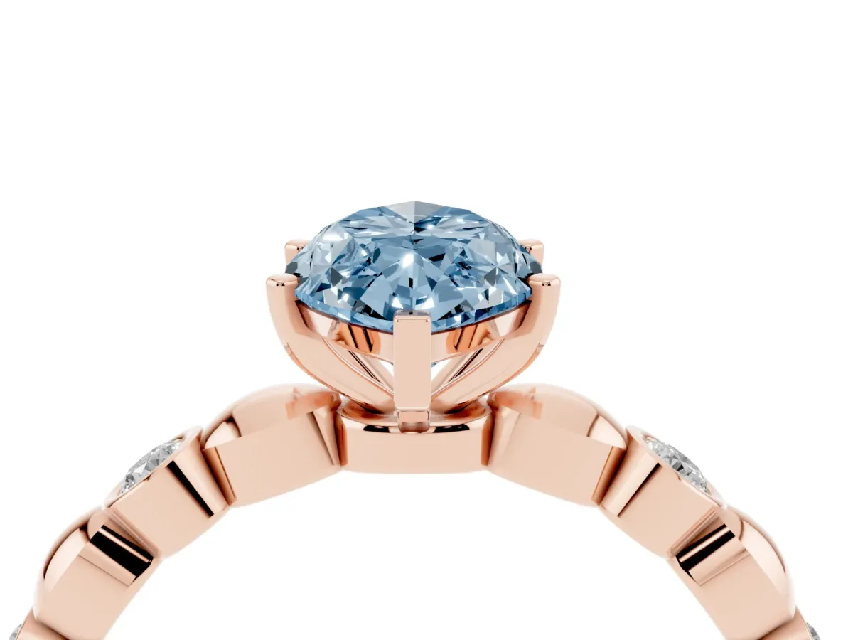 Fancy Blue Marquise Cut Solitaire Bezel-Set Diamond Ring with Beaded Band and Four-Prong Setting Rose gold