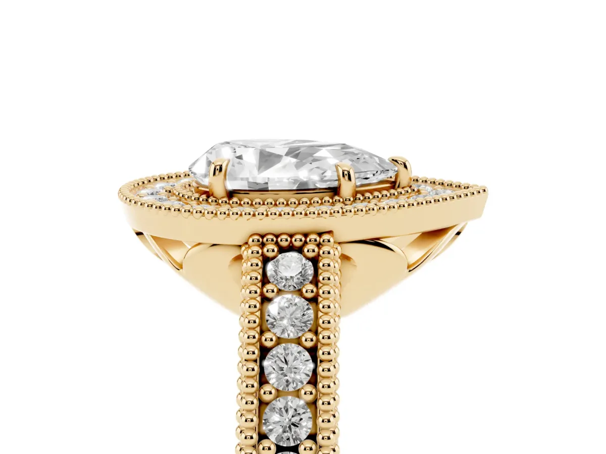 Pear Cut Cut Halo Diamond Ring with Pavé Band and Four-Prong Setting Yellow gold