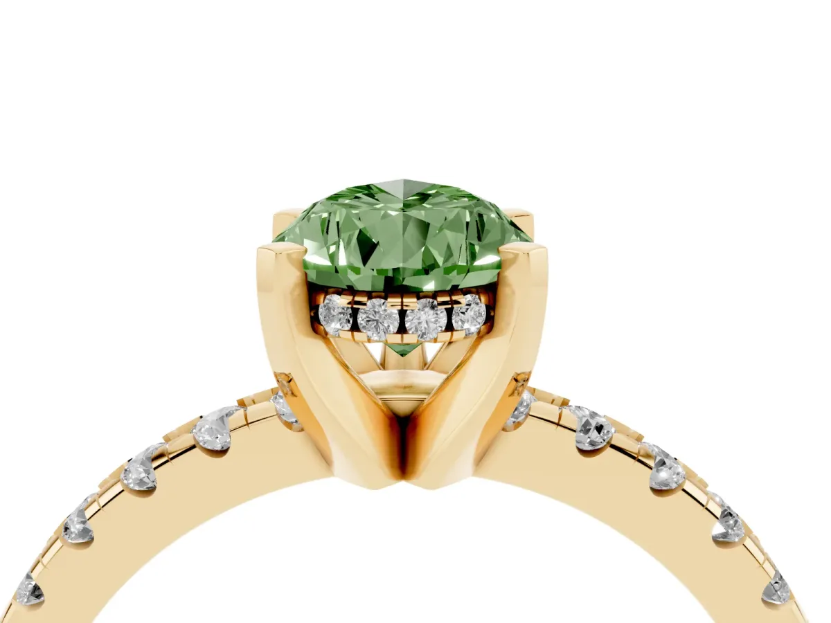 Fancy Green Pear Cut Diamond Solitaire Ring with Round Pavé Band and Four-Prong Setting Yellow gold