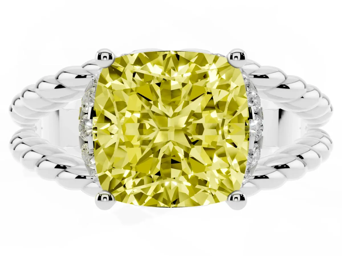 Fancy Yellow Cushion Cut Halo Twisted Band Four-Prong Ring Silver