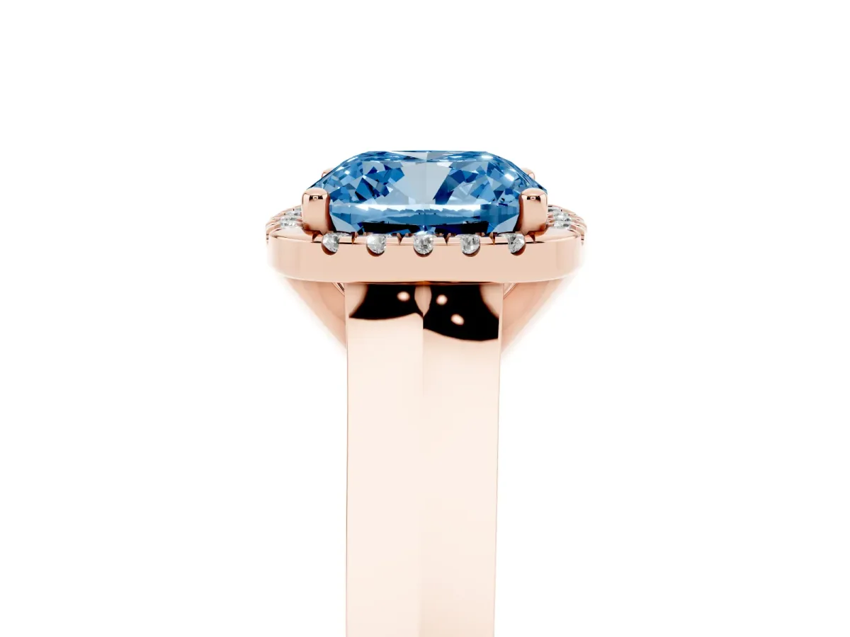 Fancy Blue Cushion Cut Halo Diamond Ring with Cathedral Band and Four-Prong Setting Rose gold