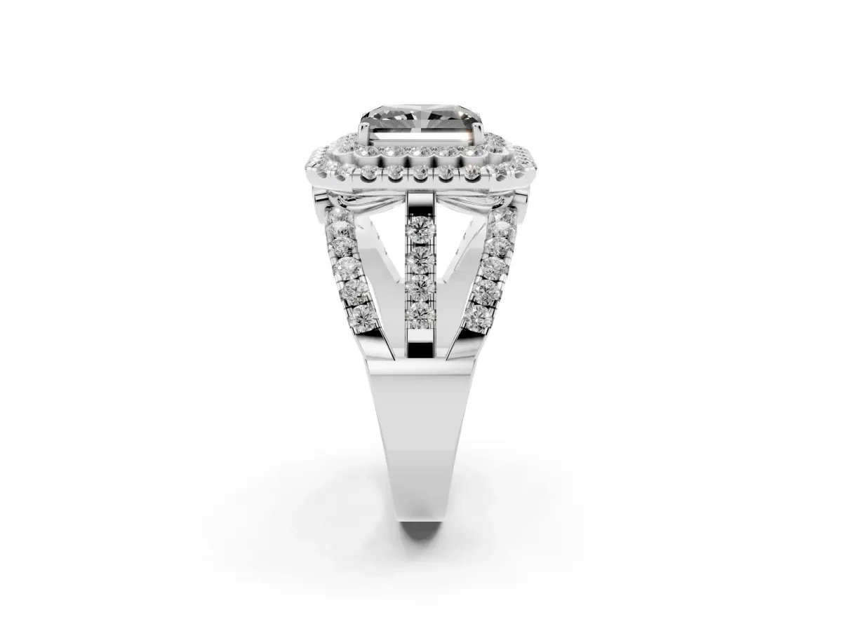 Fancy Black Radiant Cut Diamond Double Halo Ring with Round Pavé Split Shank and Prong Setting Silver