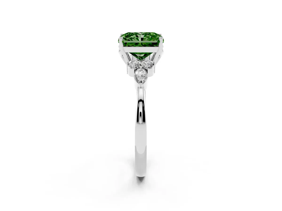 Fancy Green Radiant Cut Brilliant Diamond Solitaire Ring with Pear Side Stones and Four-Prong Setting Platinum